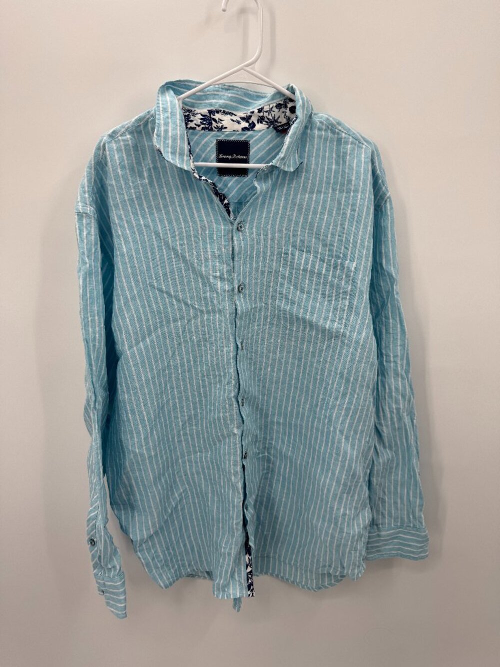 Tommy Bahama 100% Linen Striped Button Up Shirt Mens XXL Aqua Blue Floral Trim